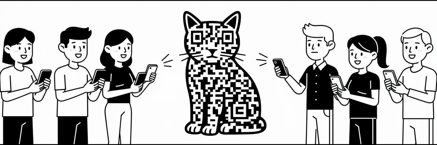 Six people standing on both sides of the code covered cat, each holding a phone up and pointing it at the cat