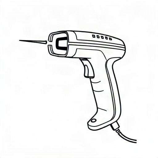 Line drawing of a handheld barcode scanner gun emitting a single beam