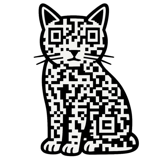 A cat drawn in bold black and white, its fur made entirely of square code modules, sitting upright and facing forward